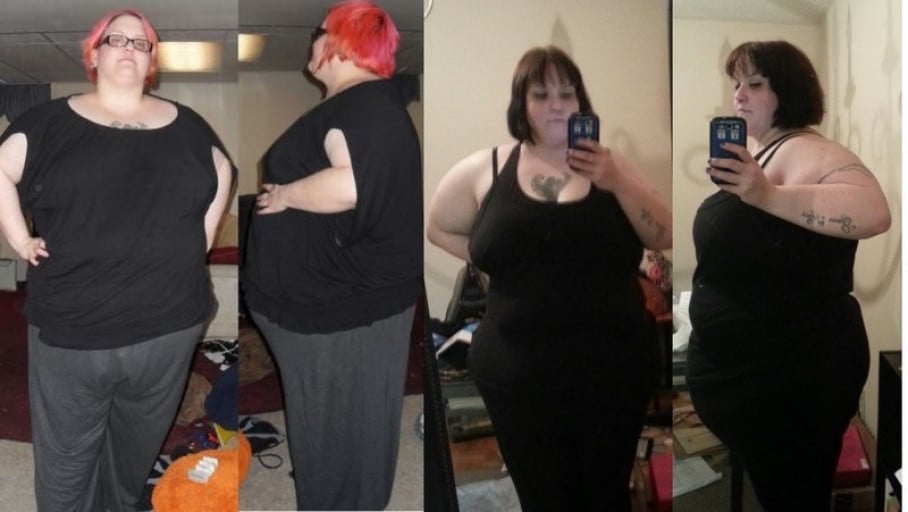 A before and after photo of a 5'7" female showing a weight cut from 396 pounds to 295 pounds. A respectable loss of 101 pounds.