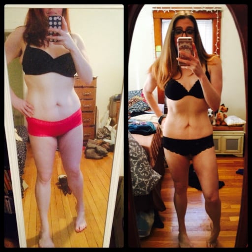 A progress pic of a 5'2" woman showing a weight loss from 179 pounds to 123 pounds. A total loss of 56 pounds.