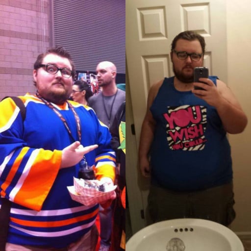 A progress pic of a 5'10" man showing a fat loss from 437 pounds to 380 pounds. A respectable loss of 57 pounds.