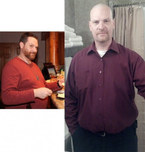 A before and after photo of a 5'11" male showing a weight reduction from 267 pounds to 210 pounds. A net loss of 57 pounds.
