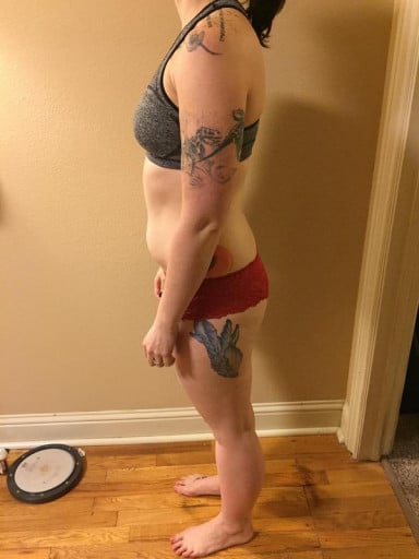 A before and after photo of a 5'5" female showing a snapshot of 150 pounds at a height of 5'5