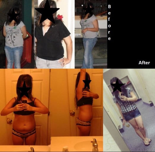 A progress pic of a 5'0" woman showing a fat loss from 157 pounds to 129 pounds. A net loss of 28 pounds.