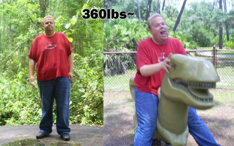 A picture of a 6'1" male showing a weight reduction from 360 pounds to 260 pounds. A total loss of 100 pounds.