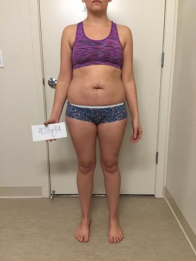 A before and after photo of a 5'0" female showing a snapshot of 116 pounds at a height of 5'0