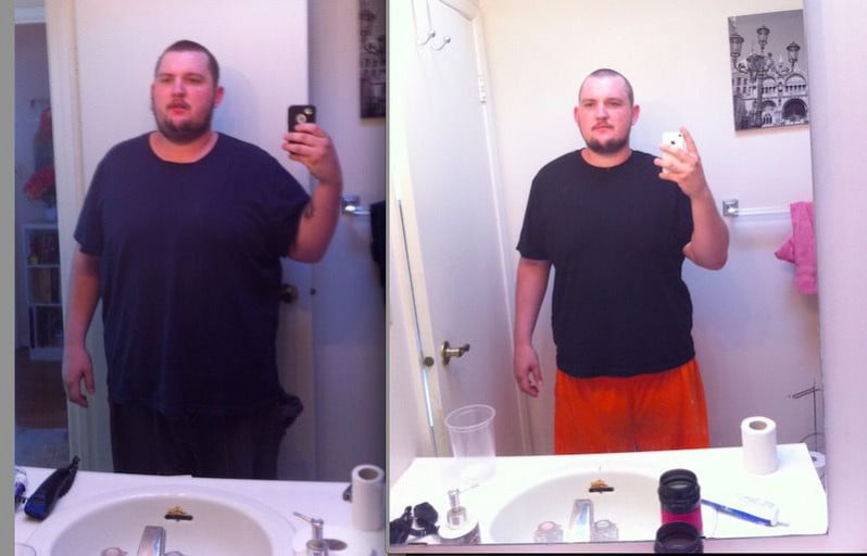A before and after photo of a 5'11" male showing a weight reduction from 350 pounds to 299 pounds. A respectable loss of 51 pounds.