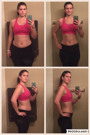 A picture of a 5'8" female showing a weight loss from 177 pounds to 150 pounds. A net loss of 27 pounds.