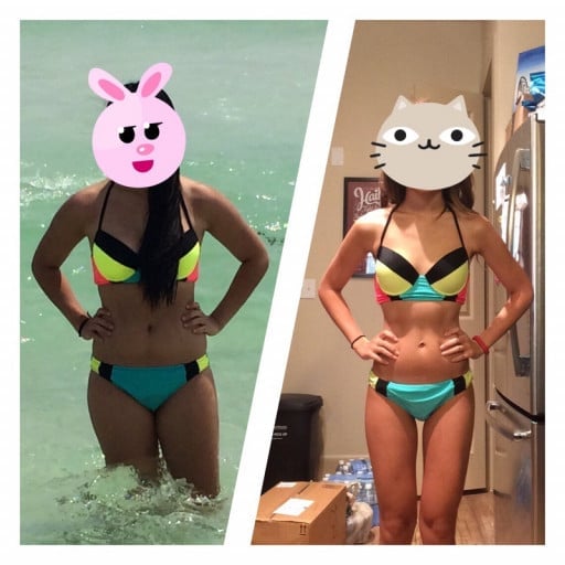 A before and after photo of a 5'4" female showing a weight reduction from 130 pounds to 105 pounds. A respectable loss of 25 pounds.
