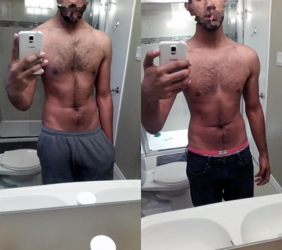 A before and after photo of a 6'0" male showing a weight loss from 210 pounds to 170 pounds. A total loss of 40 pounds.