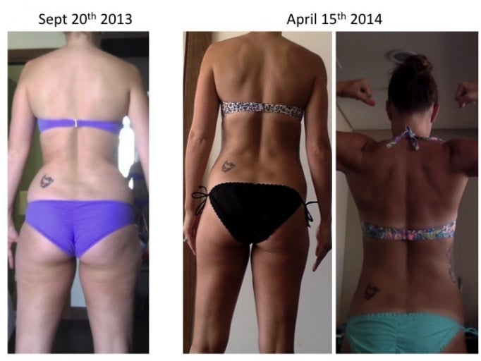 A photo of a 5'10" woman showing a weight reduction from 175 pounds to 155 pounds. A total loss of 20 pounds.