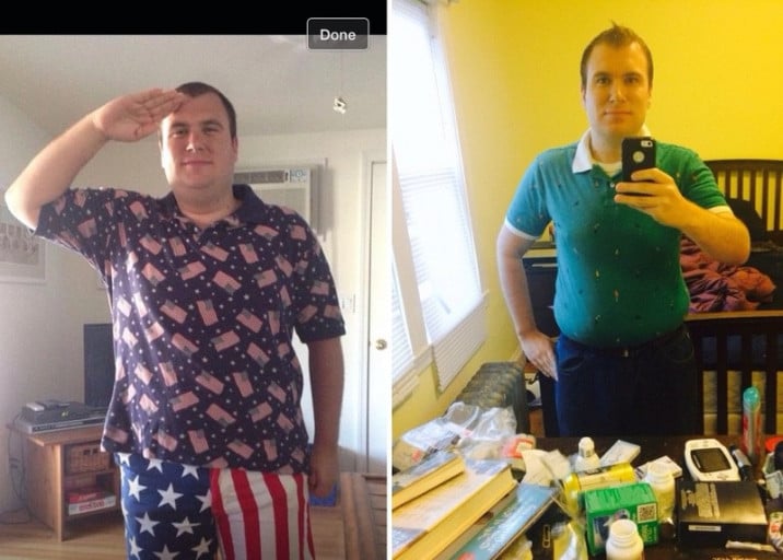 A progress pic of a 5'8" man showing a fat loss from 261 pounds to 199 pounds. A net loss of 62 pounds.