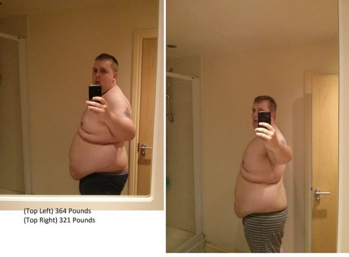 5 feet 11 Male Before and After 43 lbs Fat Loss 364 lbs to 321 lbs
