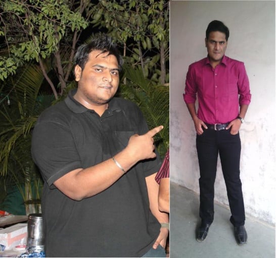 A progress pic of a 5'11" man showing a fat loss from 330 pounds to 187 pounds. A respectable loss of 143 pounds.
