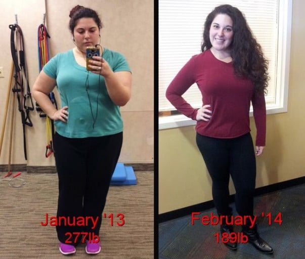 A picture of a 5'6" female showing a weight loss from 277 pounds to 189 pounds. A net loss of 88 pounds.