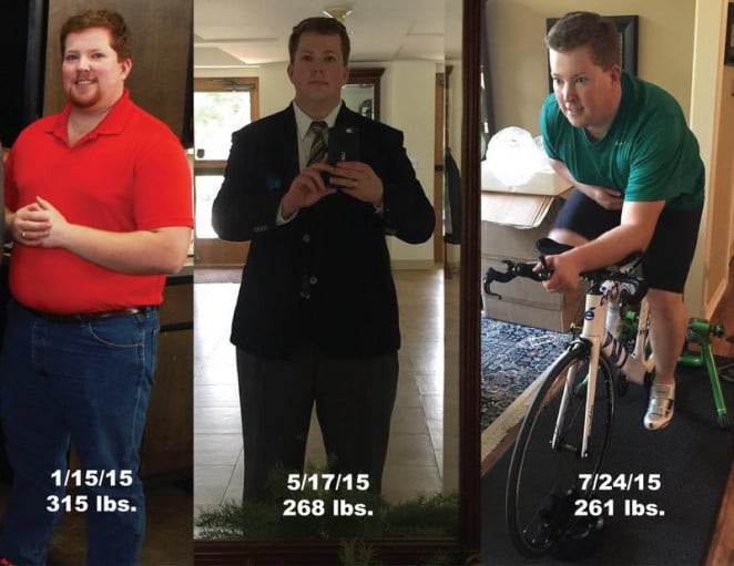 A progress pic of a 6'0" man showing a fat loss from 300 pounds to 261 pounds. A respectable loss of 39 pounds.