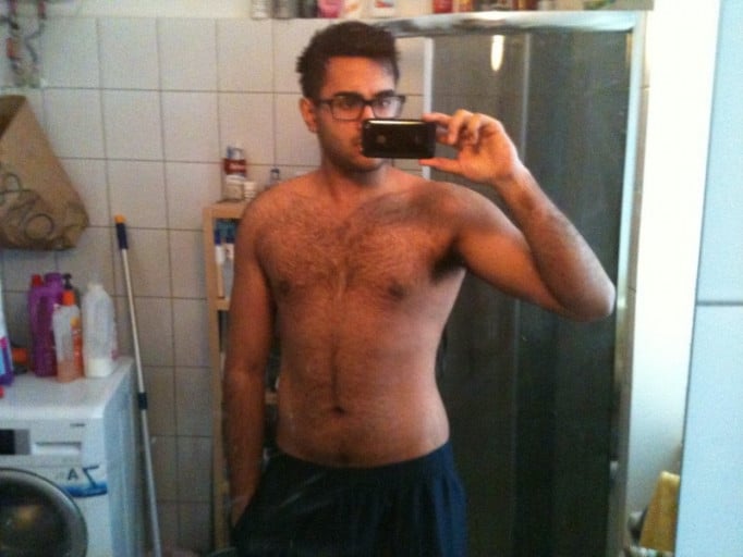 A picture of a 6'1" male showing a fat loss from 230 pounds to 196 pounds. A total loss of 34 pounds.