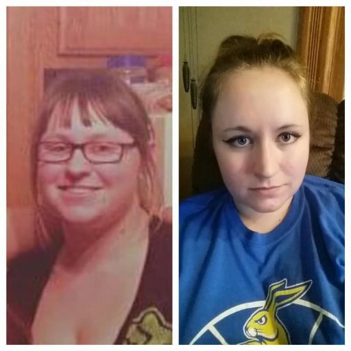 A progress pic of a 5'6" woman showing a fat loss from 256 pounds to 220 pounds. A net loss of 36 pounds.