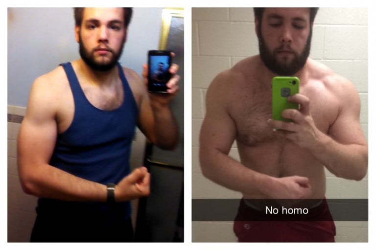 A before and after photo of a 5'11" male showing a weight gain from 193 pounds to 225 pounds. A total gain of 32 pounds.