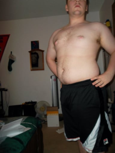A photo of a 5'8" man showing a fat loss from 238 pounds to 170 pounds. A net loss of 68 pounds.