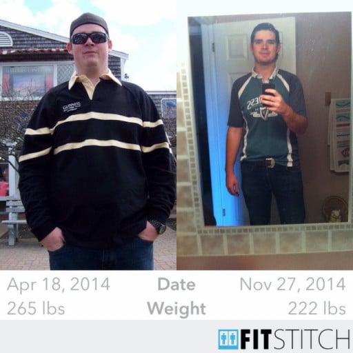 A photo of a 6'3" man showing a weight cut from 265 pounds to 222 pounds. A net loss of 43 pounds.