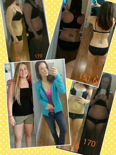 A progress pic of a 5'7" woman showing a fat loss from 170 pounds to 151 pounds. A respectable loss of 19 pounds.