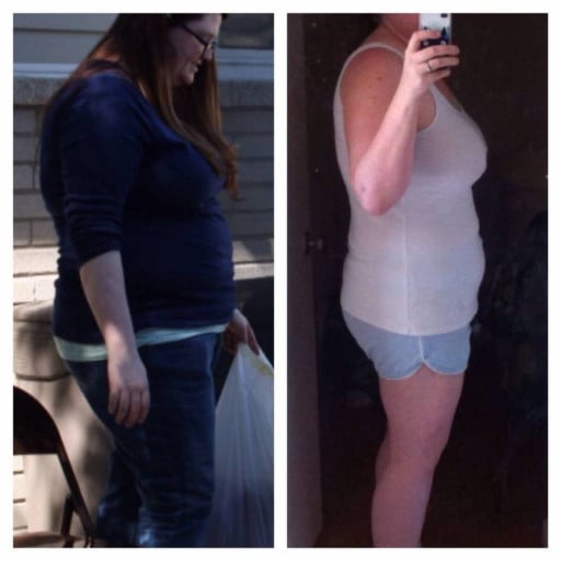 A before and after photo of a 5'9" female showing a weight reduction from 263 pounds to 228 pounds. A total loss of 35 pounds.
