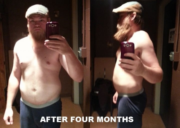 A before and after photo of a 5'9" male showing a weight loss from 230 pounds to 165 pounds. A respectable loss of 65 pounds.