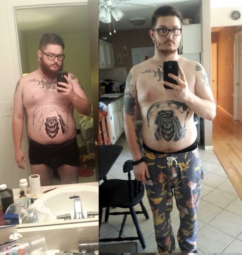 A before and after photo of a 5'11" male showing a weight reduction from 245 pounds to 193 pounds. A net loss of 52 pounds.
