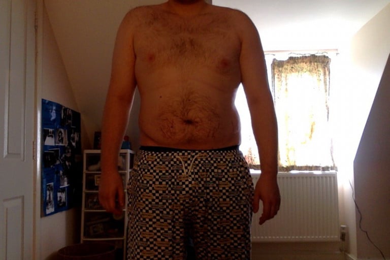 A photo of a 6'1" man showing a weight reduction from 250 pounds to 203 pounds. A respectable loss of 47 pounds.