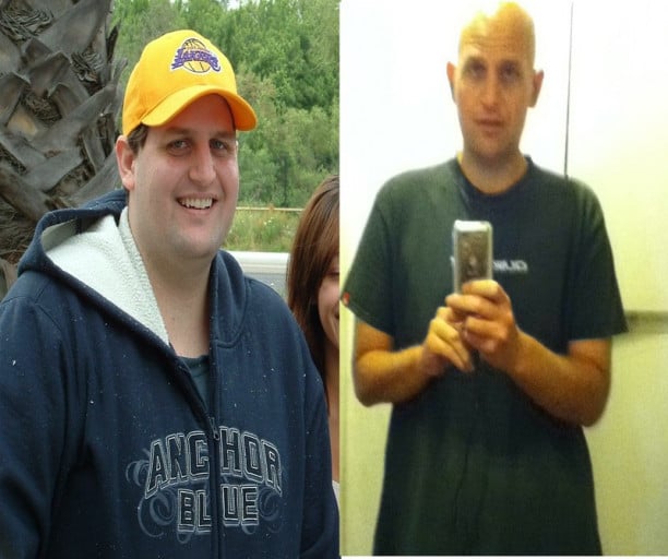 A progress pic of a 5'10" man showing a weight reduction from 293 pounds to 193 pounds. A total loss of 100 pounds.