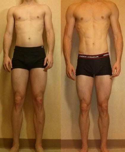 A before and after photo of a 6'1" male showing a snapshot of 176 pounds at a height of 6'1