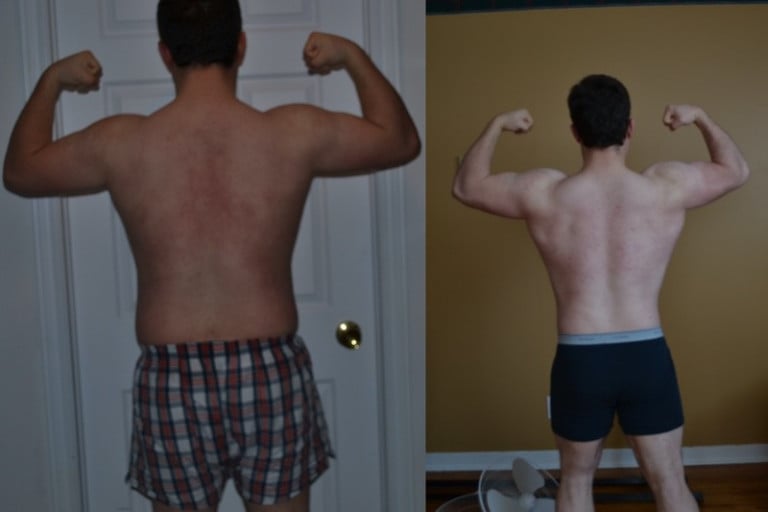 A before and after photo of a 5'6" male showing a snapshot of 195 pounds at a height of 5'6