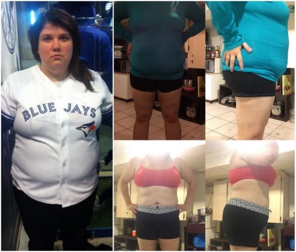 A progress pic of a 5'3" woman showing a fat loss from 255 pounds to 210 pounds. A respectable loss of 45 pounds.
