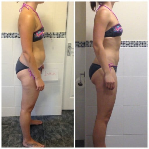 A before and after photo of a 5'4" female showing a snapshot of 139 pounds at a height of 5'4