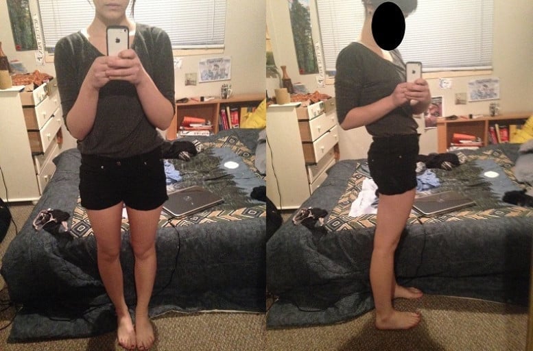 A before and after photo of a 5'7" female showing a weight cut from 152 pounds to 130 pounds. A respectable loss of 22 pounds.