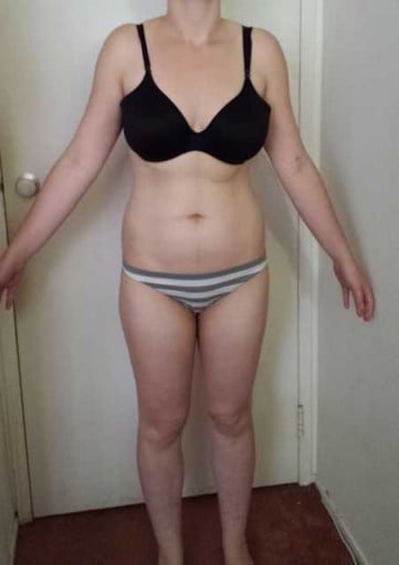 A before and after photo of a 5'5" female showing a snapshot of 144 pounds at a height of 5'5