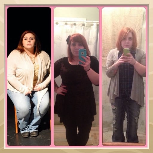 A picture of a 4'10" female showing a weight loss from 247 pounds to 194 pounds. A net loss of 53 pounds.