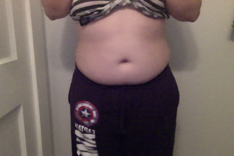 A before and after photo of a 5'3" female showing a weight cut from 195 pounds to 165 pounds. A respectable loss of 30 pounds.