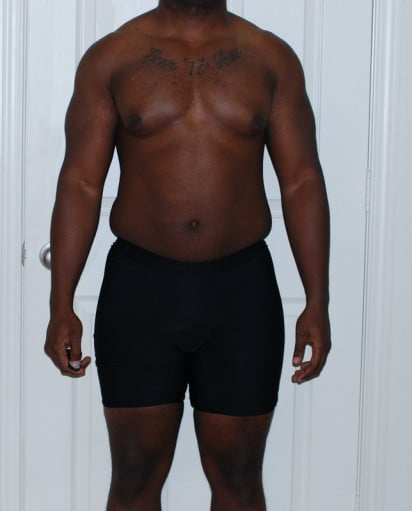 A before and after photo of a 5'8" male showing a snapshot of 195 pounds at a height of 5'8