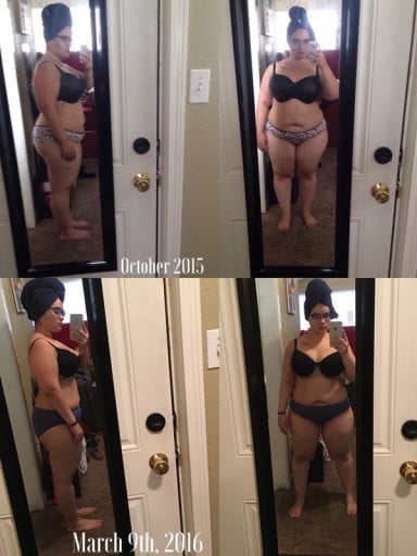 A before and after photo of a 5'1" female showing a weight reduction from 240 pounds to 196 pounds. A respectable loss of 44 pounds.