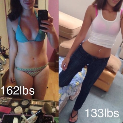 A photo of a 5'8" woman showing a weight cut from 162 pounds to 133 pounds. A respectable loss of 29 pounds.