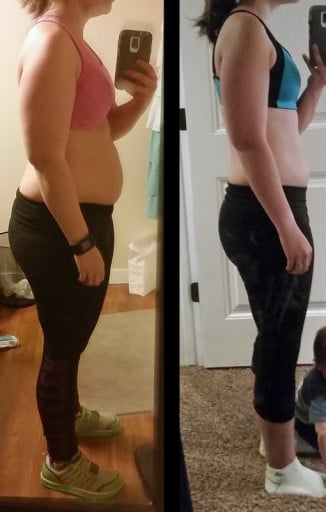 A before and after photo of a 5'3" female showing a weight reduction from 174 pounds to 136 pounds. A net loss of 38 pounds.