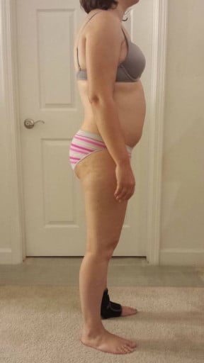 A before and after photo of a 5'3" female showing a snapshot of 144 pounds at a height of 5'3