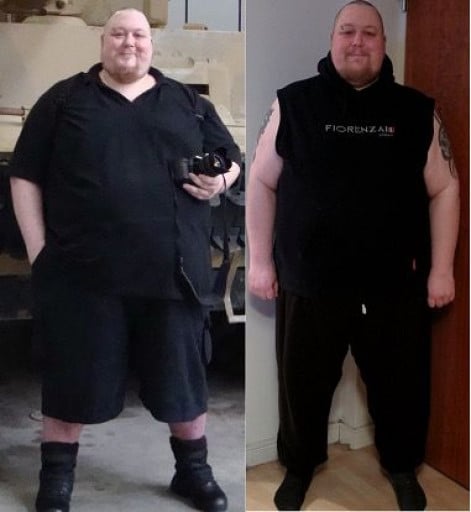 A picture of a 6'1" male showing a weight loss from 560 pounds to 441 pounds. A net loss of 119 pounds.