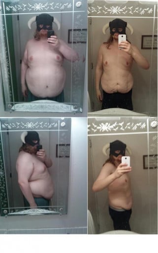A photo of a 5'11" man showing a weight cut from 355 pounds to 220 pounds. A net loss of 135 pounds.