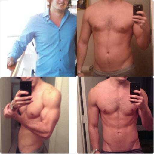 A progress pic of a 5'8" man showing a fat loss from 197 pounds to 160 pounds. A total loss of 37 pounds.