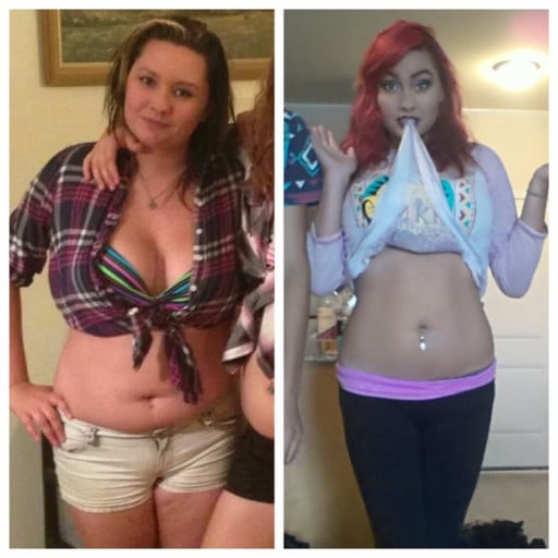 A picture of a 5'6" female showing a weight loss from 175 pounds to 136 pounds. A net loss of 39 pounds.