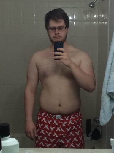 A photo of a 5'7" man showing a weight loss from 230 pounds to 185 pounds. A total loss of 45 pounds.