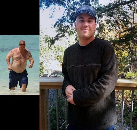 A progress pic of a 5'8" man showing a fat loss from 240 pounds to 194 pounds. A respectable loss of 46 pounds.