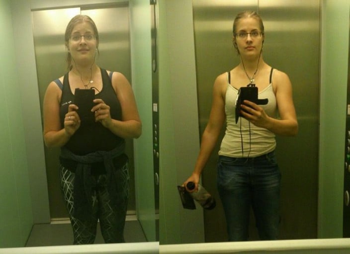 A before and after photo of a 5'7" female showing a weight reduction from 180 pounds to 135 pounds. A total loss of 45 pounds.