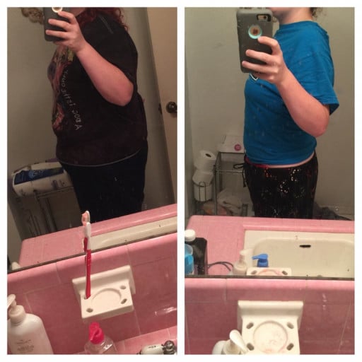 A before and after photo of a 5'10" female showing a weight reduction from 324 pounds to 224 pounds. A net loss of 100 pounds.